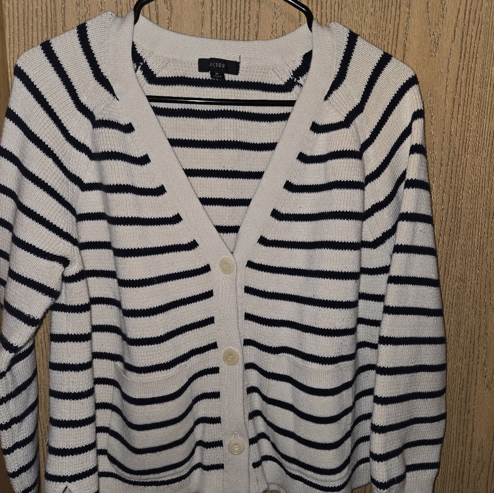 J. Crew Women's Navy and White Striped Cardigan Size M